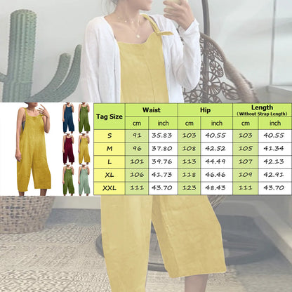 Women's Summer Jumpsuits Linen Overalls Casual Suspender Rompers Solid Wide Leg Pants Ladies Short Pants Buttons With Pocket