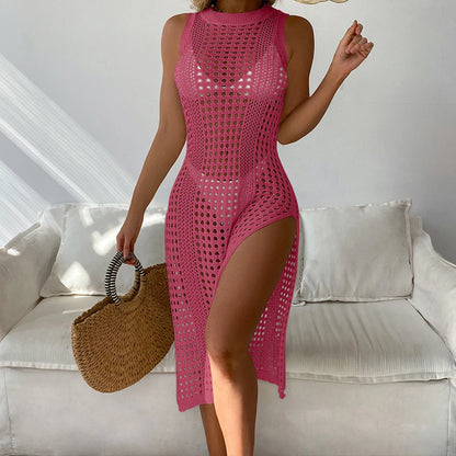 2024 Women Swimsuits Cover Ups Crochet Bathing Suit Hollow Out Bikini Coverup Beach Swimwear Sleeveless Side Split Beach Dresses