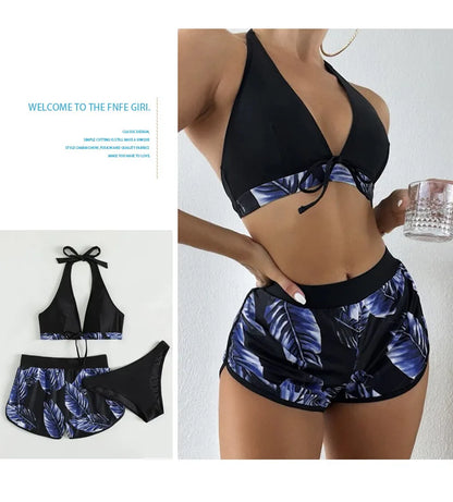 Women 2024 New Bikinis 6 Colors Sexy Halter Bikini 3 Piece Set Leafs Print High Waisted Swimsuit Beach Bathing Suit Size S-XXL