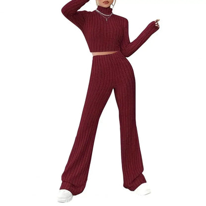 2Pcs/Set Women Knitting Outfit Turtleneck Long Sleeve Cropped Tops High Waist Flared Pants Slim Fit Ribbed Winter Outfit