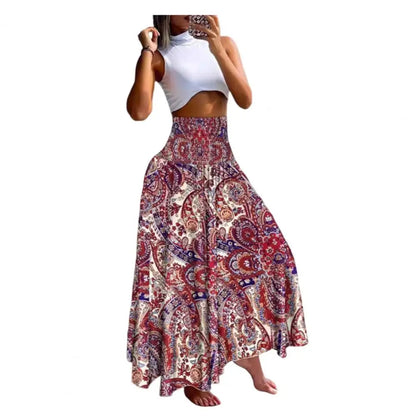 Women Maxi Skirt High Waist Wide Elastic Waist A-Line Retro Printed Skirt Summer Loose Fit Long Skirt Streetwear Платье Maxi