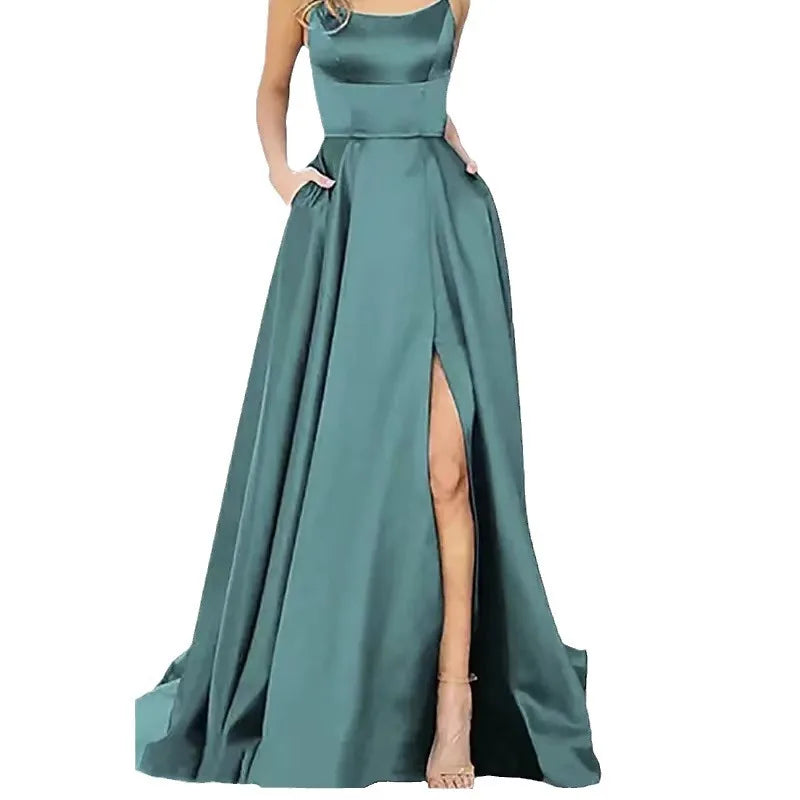 Women's Banquet Slit Long Dress 2024 New Bridesmaid Dress With Small Tail Suspender Solid Color Banquet Evening Dress Long Dress