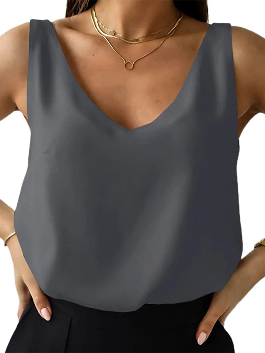 Women's Elegant Silk Satin V Neck Tube Tank Top Solid Sleeveless Camisole Blouse for Summer Basic Cami Tank T Shirt Streetwear