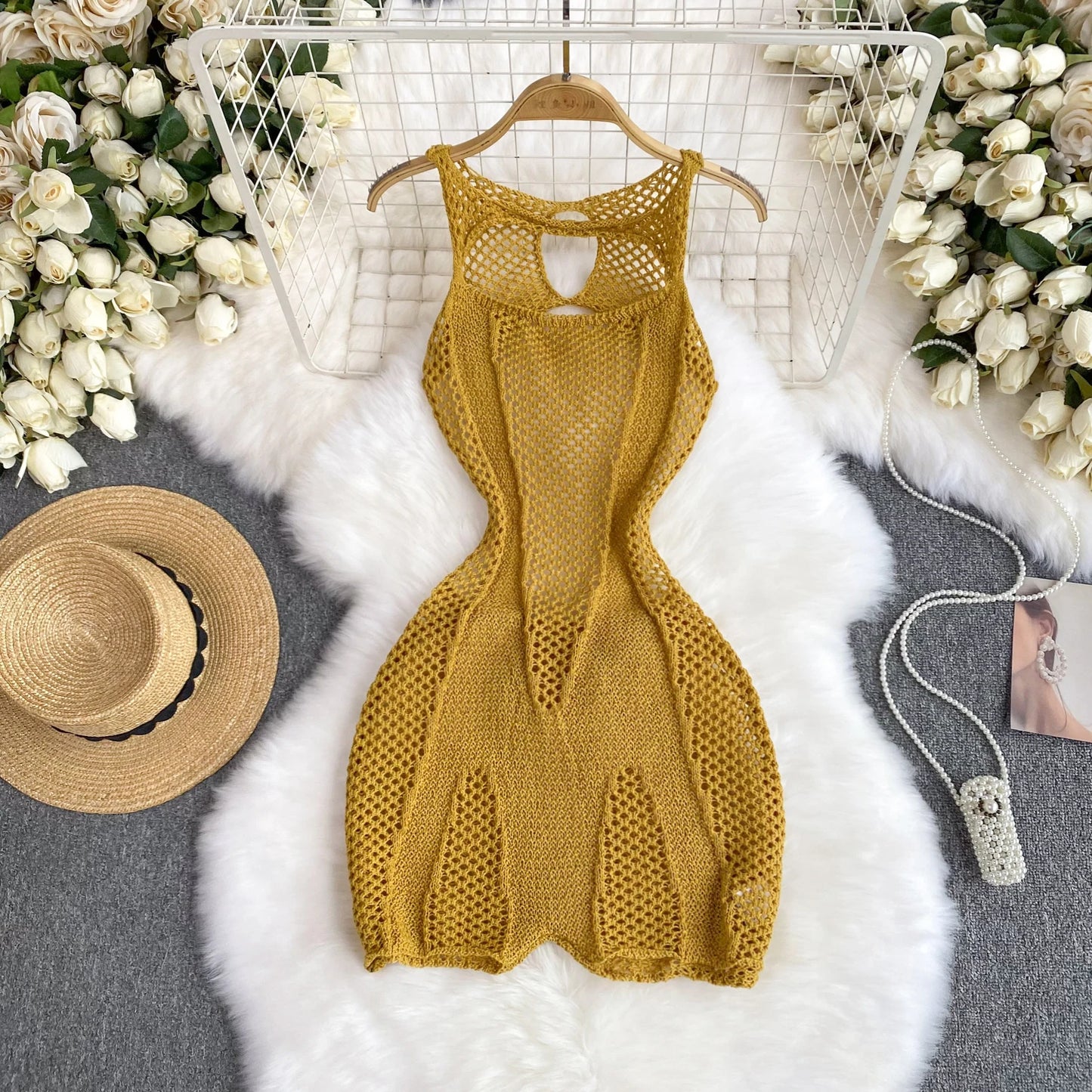 SINGREINY Yellow Sleeveless Jumpsuit Women Hollow Out O Neck Elegant Stretch Transparent Ladies Casual Summer Slim Rompers