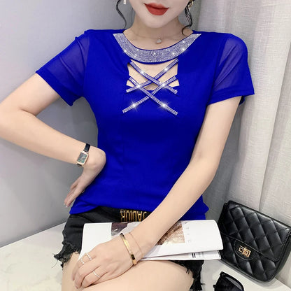 Girls Fake Diamonds O Neck T Shirts Crossed Hollow Out Summer Mesh Tops Lady Stretchy Slim Short Sleeve Chic Tshirt BH5067