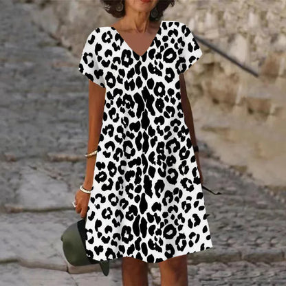 Oversized Summer Women 3D Printed Dress Casual Short Sleeve V-Neck Dress Fashion Elegant Female Sexy Classic Leopard Loose Dress