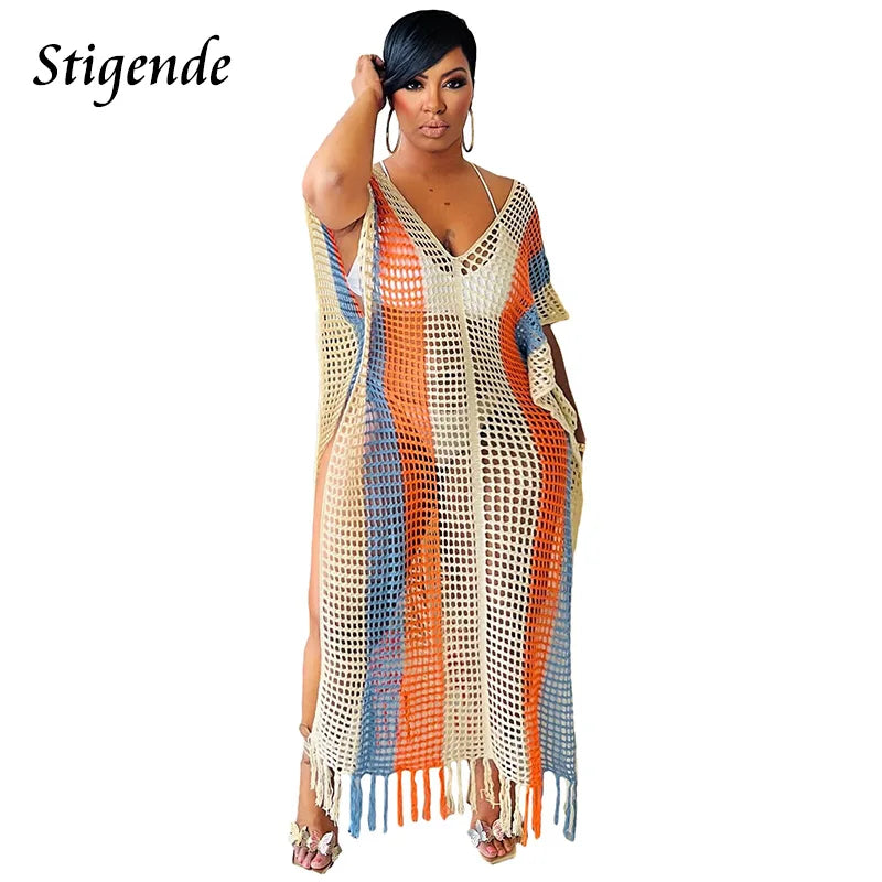 Sexy Side Split Hollow Out Tassels Dress Women Summer Knit Cover Up Swimwear Fashion Multi Color Patchwork Crochet Beach Dress