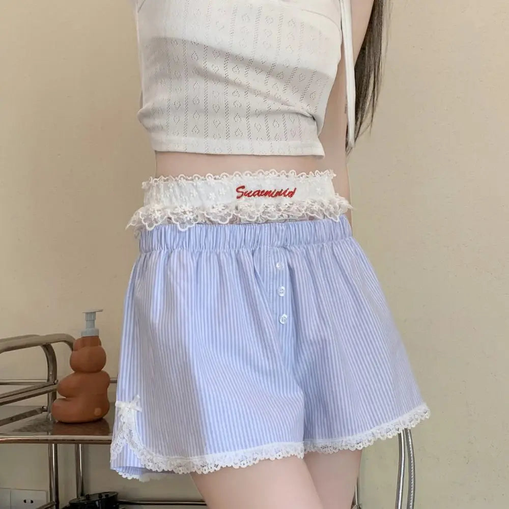 Sexy Cute Summer Striped Shorts Blue Pink Button Elastic Waist Shorts Lolita Lace Leggings For Women Girl