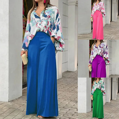 Spring Autumn Print Pant Sets Women Fashion Temperament Casual Loose Two Piece Set Flared Sleeve Shirts Wide Leg Pants Lady Suit