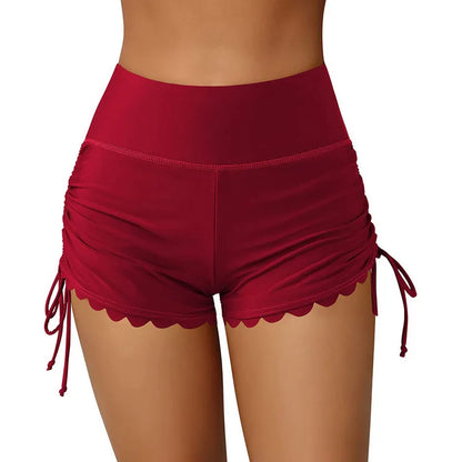 Women Swim Shorts, High Waist Drawstring Wavy Hem Solid Summer Bathing Surfing Bottoms