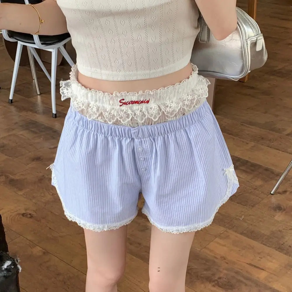 Sexy Cute Summer Striped Shorts Blue Pink Button Elastic Waist Shorts Lolita Lace Leggings For Women Girl