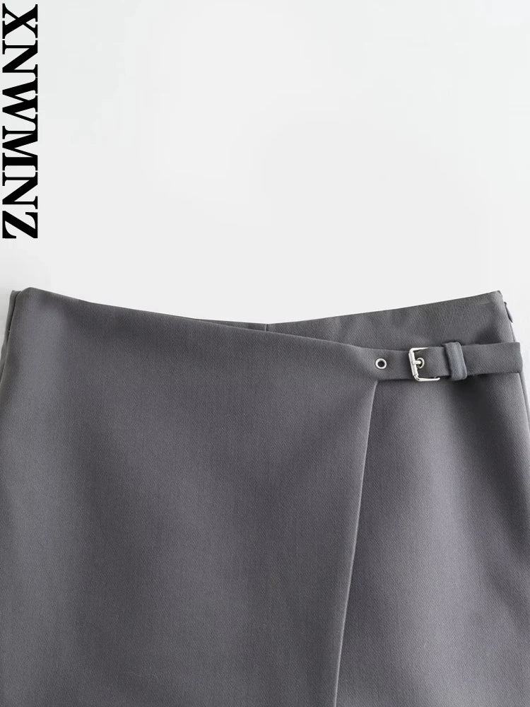 XNWMNZ 2024 Women's Fashion Asymmetric Mini Skirt Shorts Grey Black High Waist Wrap Skorts Female Casual Versatile Short Skirts