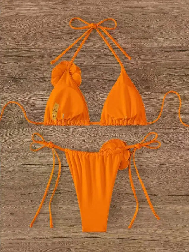 S - L Sexy 3D Flowers Halter Strappy Bikini Women Swimwear Female Swimsuit Two-pieces Bikini Set Bather Bathing Suit Swim