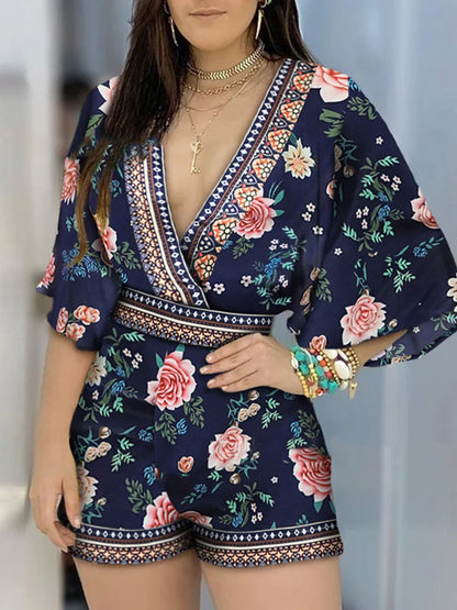 Women's Jumpsuit Casual Summer New Floral Print Deep V Neck 3/4 Sleeve Playsuit 2024 Woman Party Beach Playsuits