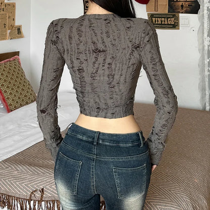 Nibber Vintage Distressed All-match Brown Fashionable Cool Youth Autumn Travel High Street Women Long-sleeved Cropped Mini Top