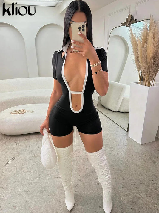 kliou Sexy Backless Rompers Women Polo-Neck Hot Deep V Bandage Stretch Playsuit Skinny Streetwear Hipster One Piece Overalls