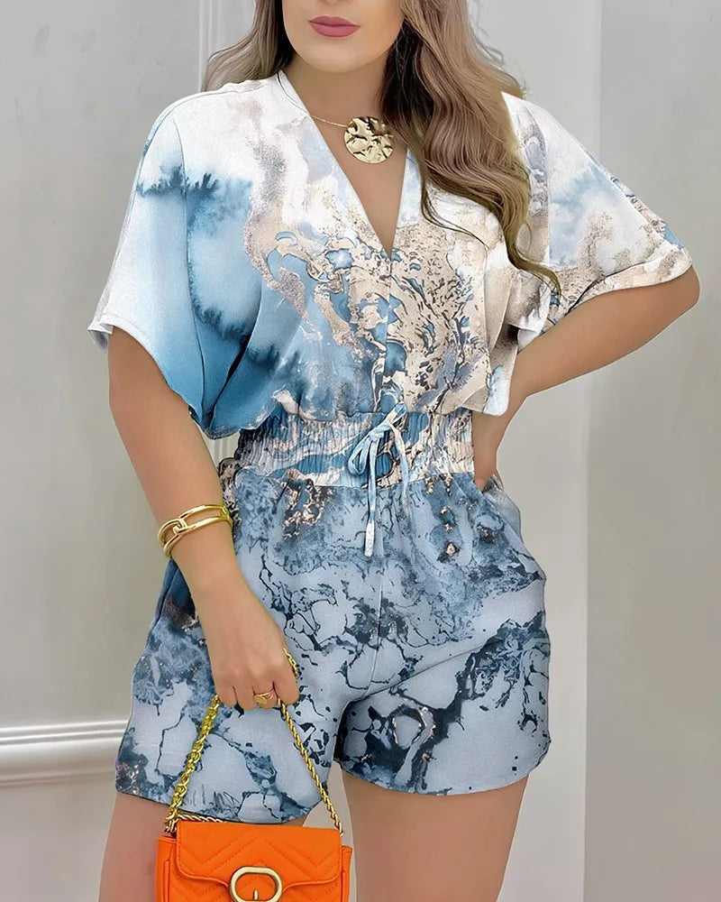 Women Elegant Sexy V Neck Romper Summer Casual short sleeve Playsuits 2023 Lady Fashion printed Elastic waist One Piece Overalls