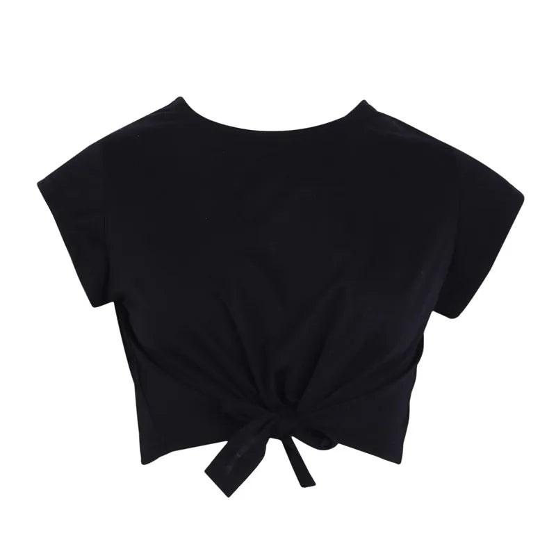 Knotted Tie Front Crop Tops Summer  Women Cropped T Shirt Casual Tanks Camis Casual O Neck Short Sleeve Solid Tees