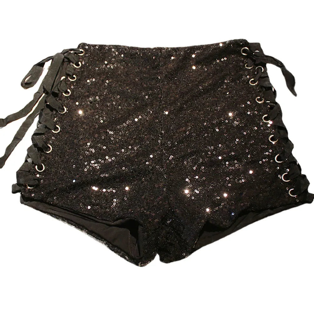 High Waist Sexy Sequined Bandage Shorts Dj Pole Dance Micro Shorts For Women