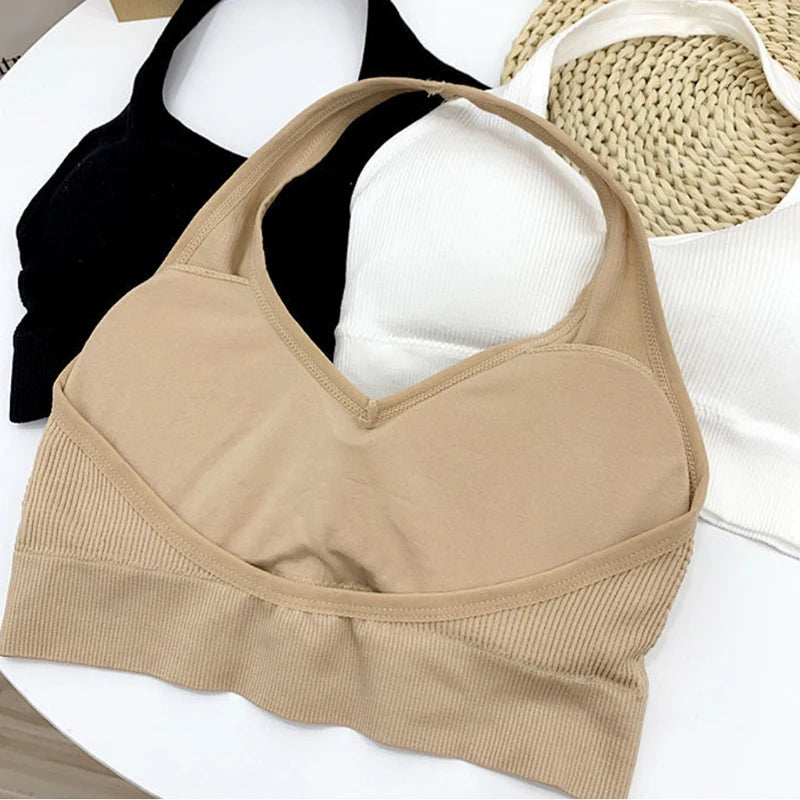 Women Backless Vest Sexy Bra Halter Wire Free Sport Bra Suspender Solid Lingerie Female Tops Beautiful Back Wire Free Sports Bra