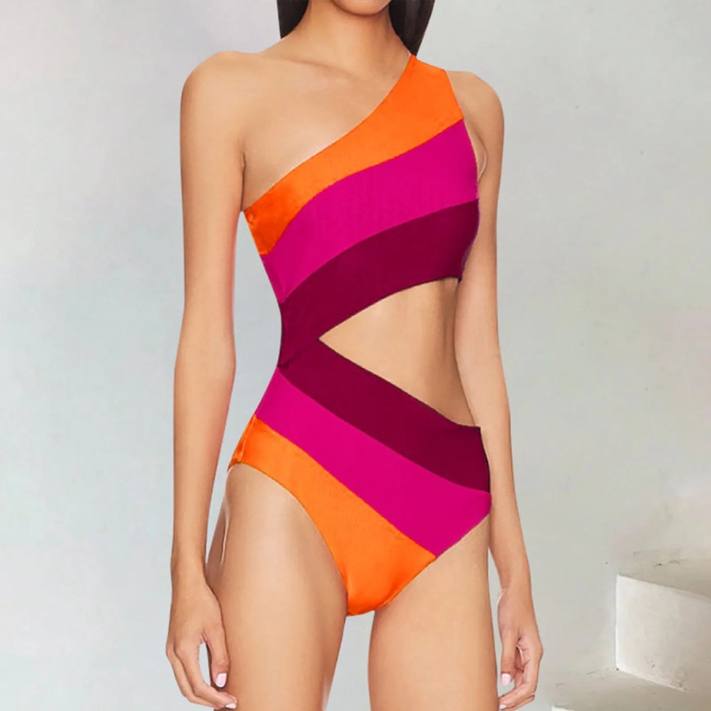 Cutout Color Block Swimwear Women'S Swimsuit One Shoulder Bathing Suit Women 2024 New Beach Strappy Swimwear Bikini