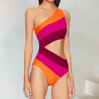 Cutout Color Block Swimwear Women'S Swimsuit One Shoulder Bathing Suit Women 2024 New Beach Strappy Swimwear Bikini