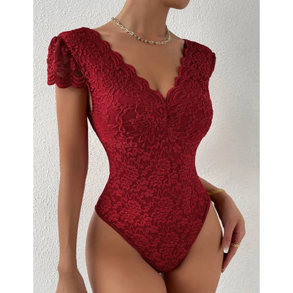 Womens Embroidery Floral Contrast Lace Teddy Bodysuit Sexy V Neck Backless Elegant Bodysuits Y2K Night Club Party Leotards Tops