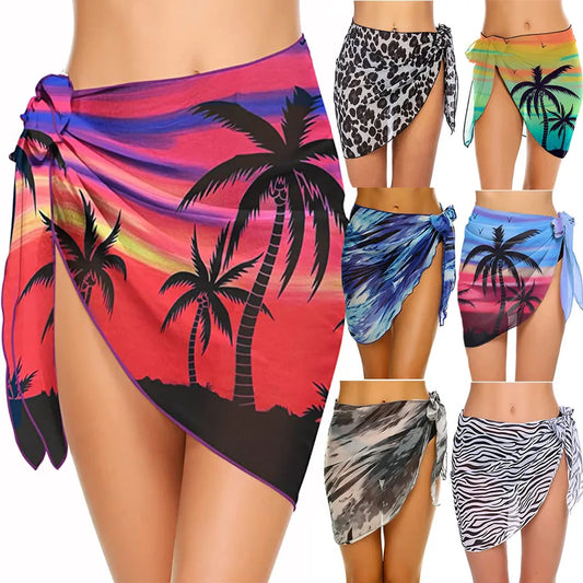 Summer Women Print Short Sarongs Swimsuit Coverups Beach Bikini Wrap Sheer Short Skirt Chiffon Scarf Cover Ups for Swimwear