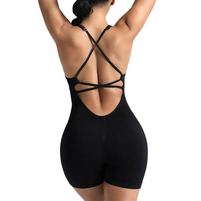 Women Bodysuits Hip Lift One Pcs Short Sport Yoga Rompers Sexy Backless Lace Bandage Skinny Sporty Wear Playsuits XHFZ-BX001