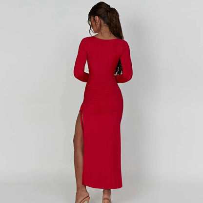 Long Sleeve Ruched High Split Maxi Dress Women Square Collar Drawstring Bodycon Sexy Party Long Dress Elegant Autumn