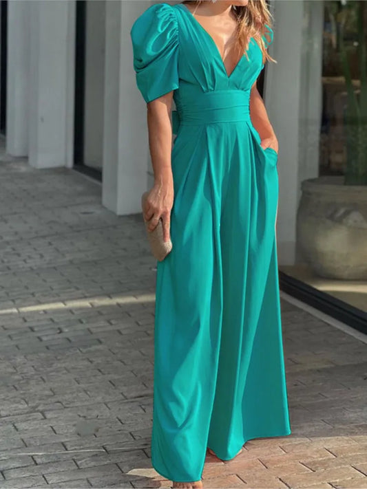 Women's Solid Color Short Sleeved Jumpsuit With V-neck Backless Waisted 2023 Elegant Casual Fashion Women's Wide Leg Jumpsuit