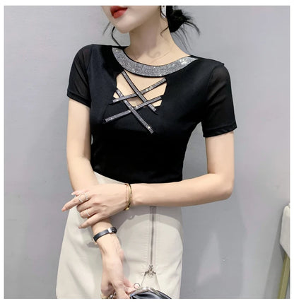 Girls Fake Diamonds O Neck T Shirts Crossed Hollow Out Summer Mesh Tops Lady Stretchy Slim Short Sleeve Chic Tshirt BH5067