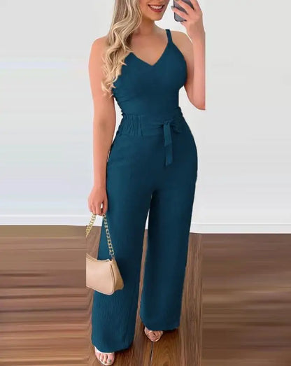 2023 Summer Woman Long Jumpsuits Elegant Sexy V-Neck Shirred Cami Top & High Waist Pants Set New Fashion Casual One Pieces