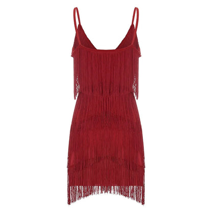 Women Sexy Tassel Latin Dress Tiered Fringe Flapper Dress Evening Nightclub Dancing Fancy Costumes C-Neck Dress For Women