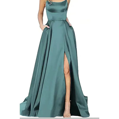 Women's Banquet Slit Long Dress 2024 New Bridesmaid Dress With Small Tail Suspender Solid Color Banquet Evening Dress Long Dress