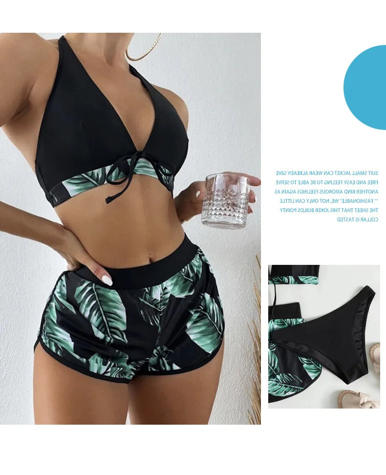 Women 2024 New Bikinis 6 Colors Sexy Halter Bikini 3 Piece Set Leafs Print High Waisted Swimsuit Beach Bathing Suit Size S-XXL