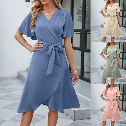 Spaghetti Elegant Ladies Dresses Summer Sale Satin V Neck Slim Waist Dress Bell Sleeve Summer Dresses For Women Plus Size