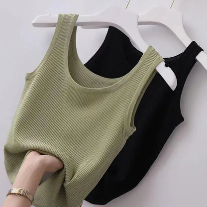 Summer Knit Vest Top sexy Sleeveless O Neck Women Camisole Pure Color Black White t-shirt Solid Color Slim Tank Top Camis Tees