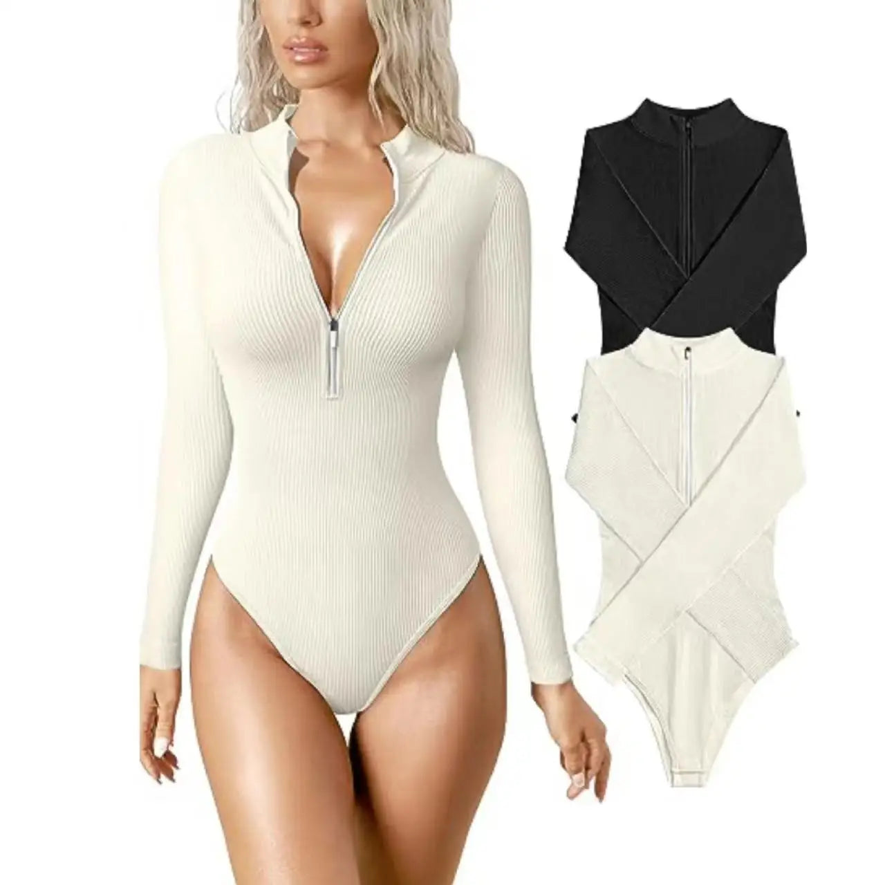 Women Half Zip Up Bodysuits Spring Autumn Stand Collar Long Sleeve Pit Knitted Playsuits Female Romper OUFY-864