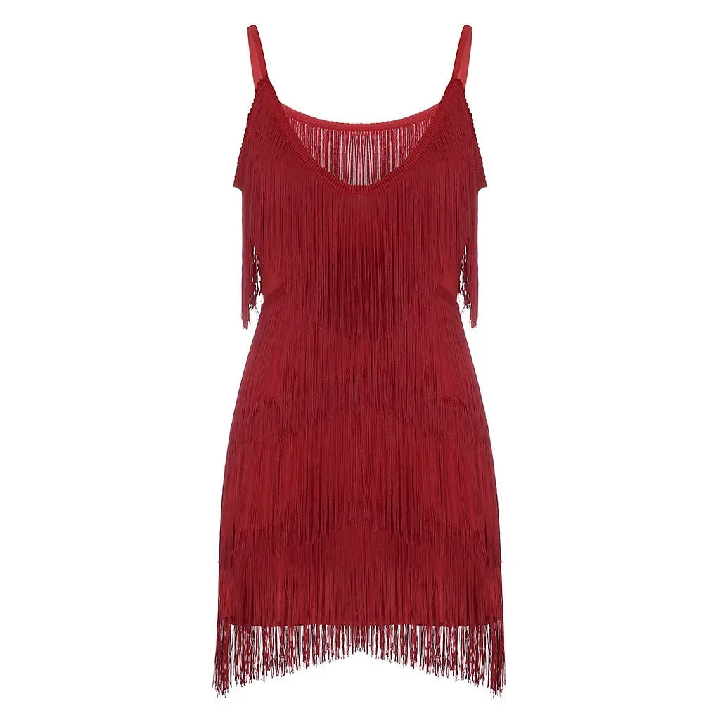 Women Sexy Tassel Latin Dress Tiered Fringe Flapper Dress Evening Nightclub Dancing Fancy Costumes C-Neck Dress For Women