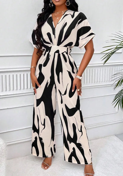 Sexy sleeveless women's V-neck jumpsuit, elegant suit with tight fitting print, one-piece, suitable for spring/summer 2024