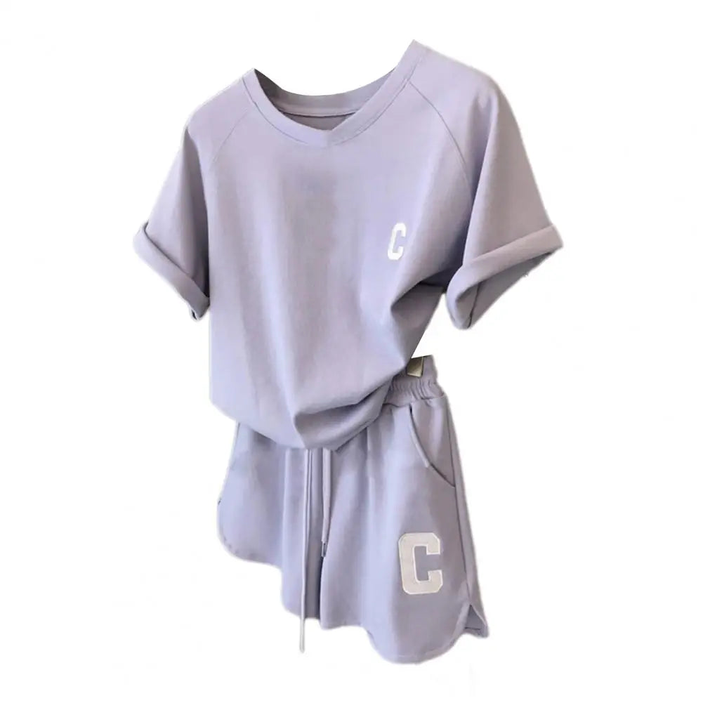 2 Pcs/Set Summer Women Tracksuit Pure Color Letter Print O Neck Top Shorts Set Short Sleeve Drawstring Elastic Waist Lady Outfit