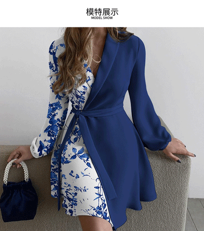 Fashion Floral Print Colorblock Tied Detail Work Dress For Women 2023 Autumn Long Sleeve V Neck Elegant Dresses Robe Femme