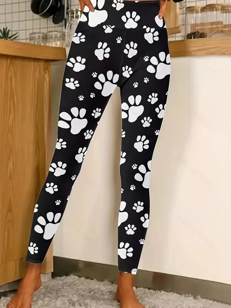 Cute cat paw print casual hip lift elastic elastic waist tight-fitting daily wear travel working women's leggings