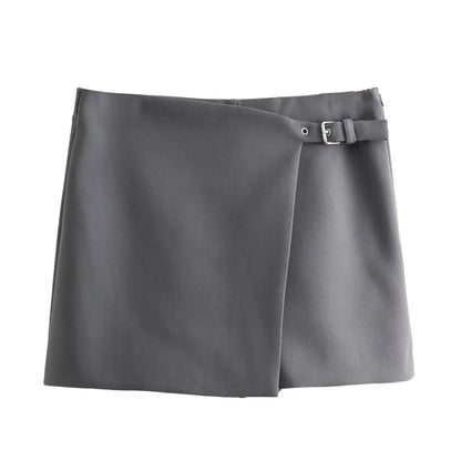 XNWMNZ 2024 Women's Fashion Asymmetric Mini Skirt Shorts Grey Black High Waist Wrap Skorts Female Casual Versatile Short Skirts