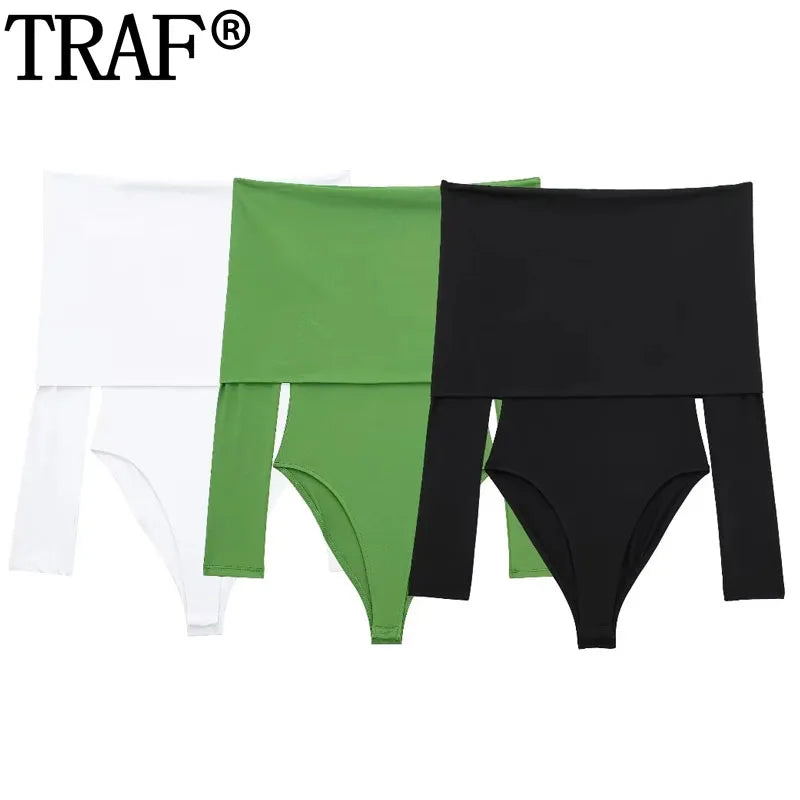 TRAF Off Shoulder Green Bodysuit Women Backless Black Body Lingerie Woman Sexy Long Sleeve Body High Cut Thong White Bodysuit