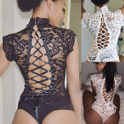 Lingeries For Woman Sexy Stand Collor Bodysuit Open Back Lace Cross Strap One Pieces Outfits Bodysuits Playsuit Romper White