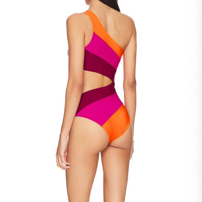 Cutout Color Block Swimwear Women'S Swimsuit One Shoulder Bathing Suit Women 2024 New Beach Strappy Swimwear Bikini