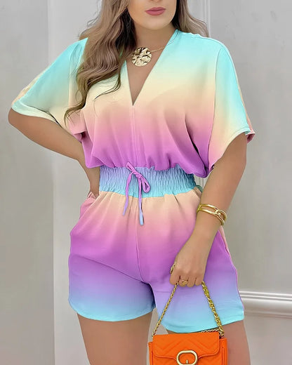 Women Elegant Sexy V Neck Romper Summer Casual short sleeve Playsuits 2023 Lady Fashion printed Elastic waist One Piece Overalls