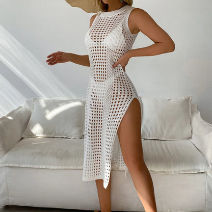 2024 Women Swimsuits Cover Ups Crochet Bathing Suit Hollow Out Bikini Coverup Beach Swimwear Sleeveless Side Split Beach Dresses